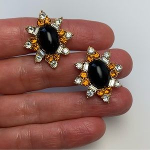 Vintage Monet 80s Retro Runway Statement Gold Tone Rhinestone Black Cab Clip Ons